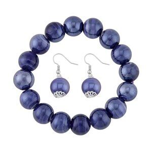 Purple Color Glass Beaded Stretch Bracelet &Dangle Earrings in Stainless Steel
